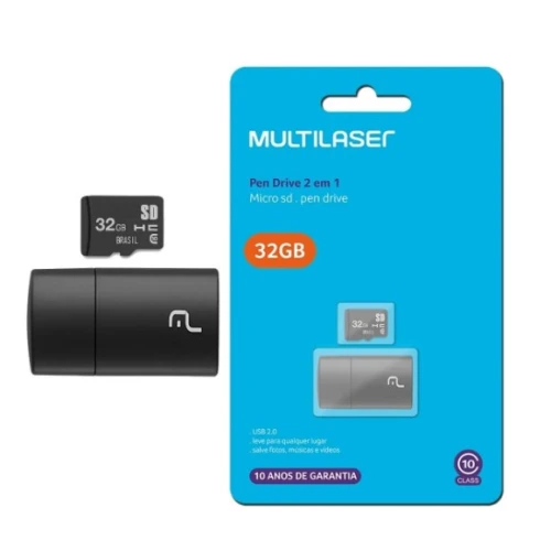 Pen Drive 2 em 1 Cartão de Memória 32GB Multilaser