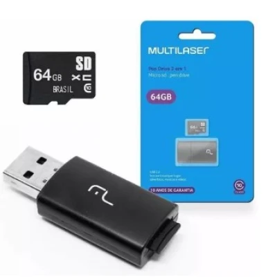 Pen Drive 2 em 1 Cartão de Memória 64GB Multilaser